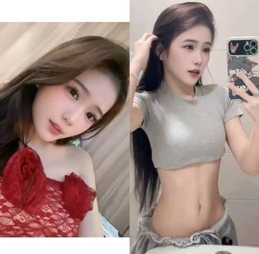 Side-by-side photo of a young woman in a red floral top and a grey crop top mirror selfie.