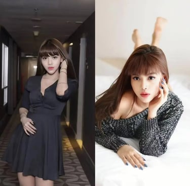 Collage of a stylish Asian woman wearing a black mini dress and a grey knit sweater.