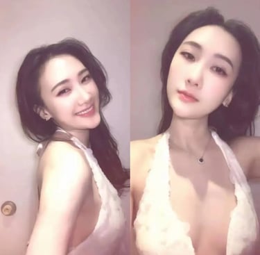 A smiling young woman with long dark hair wearing a white lace halter top in two split-view portrait poses.