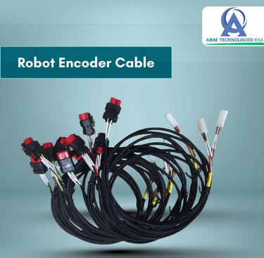 Industrial robot encoder cable harness with black mesh casing and red multi-pin connectors.