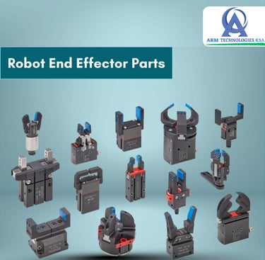 Collection of Gimatic robot end effector parts and pneumatic grippers for industrial automation.