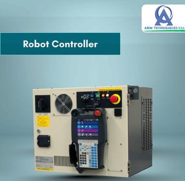 Industrial Fanuc R-30iB Plus robot controller with attached handheld teach pendant.