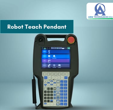 Handheld robot teach pendant controller with digital display and keypad for industrial automation programming.