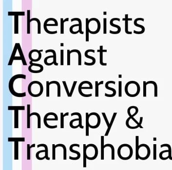 The Therapists Against Conversion Therapy logo - the trans flag colours run vertically up the left.