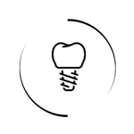 Minimalist black and white dental implant icon with a tooth crown and screw inside a thin circular border.