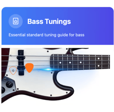 A standard bass guitar tuning guide featuring a close-up of a four-string bass with guitar picks.