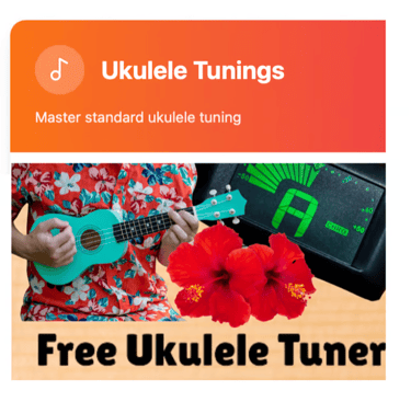 A person playing a teal soprano ukulele with a digital tuner and red hibiscus flowers for free ukulele tuning.