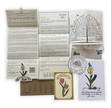 collage of paper goods and stickers from a flat lay of The Bloom After Dirt snail mail subscription
