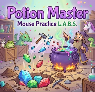 Potion Master Academy game cover for mouse practice, featuring a wizard character and a bubbling cau
