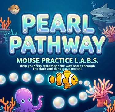 Pearl Pathway mouse practice game cover featuring a purple octopus and a bright pearl in an underwat