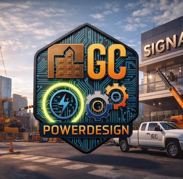 GC Power Design logo overlaying a construction site with a crane and service truck.