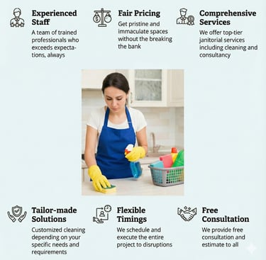 Super Sanitation team member in a blue apron and gloves cleaning a counter in Abbotsford. 