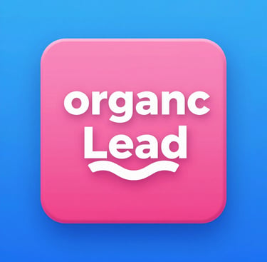 Pink 3D app icon for Organic Lead marketing software against a blue gradient background.