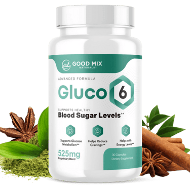 Gluco 6 blood sugar support supplement bottle with cinnamon sticks and herbal ingredients.