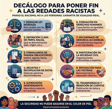 Infographic in Spanish showing ten steps to end racist police raids and racial profiling.