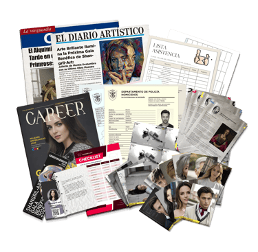 A collection of detective game evidence including newspaper clippings, police reports, and suspect photos.