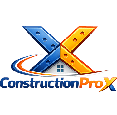 ConstructionProX logo featuring a metallic blue and orange X over a house icon for home building services.