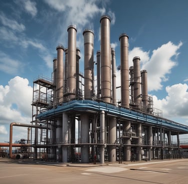 a large industrial steel pipework plant with a blue sky and clouds