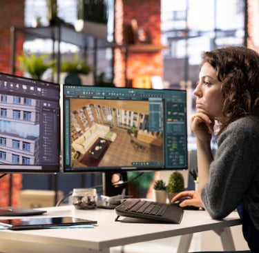 Profissional analisando projeto arquitetônico de laboratório em computador.