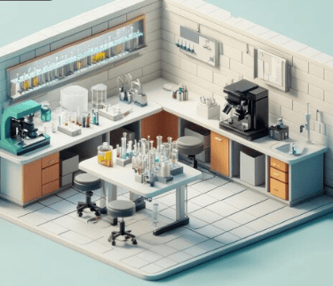 Laboratório moderno com bancadas, equipamentos científicos e vidrarias organizadas.