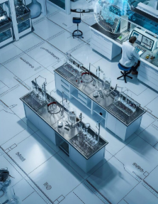 Planta técnica de laboratório com layout de bancadas e equipamentos científicos.