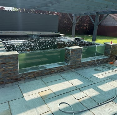 4x big windows installed and outside tiled garden ponds