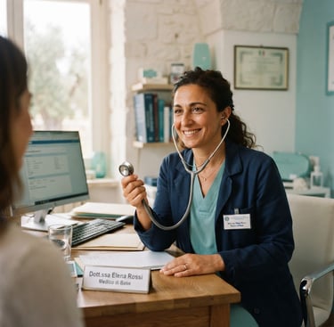 A professional Italian primary care doctor in a warm, naturally lit clinic in Puglia, holding a stethoscope, smiling reassuringly, soft teal accents, 35mm photography