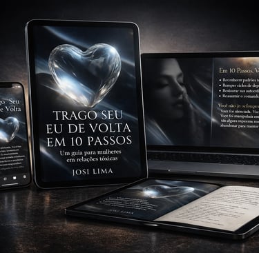 Portuguese ebook about toxic relationships displayed on a tablet, laptop, and smartphone.