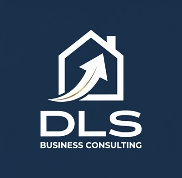DLS Business Consulting logo featuring a white house icon and upward growth arrow on a blue background.