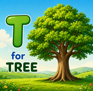 Educational alphabet illustration featuring a green letter T for tree in a sunny landscape.