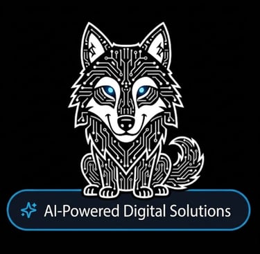RELISYNC Logo. Illustration of a sitting wolf with glowing blue eyes made of white circuit-like line