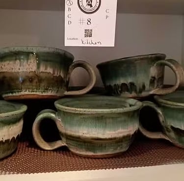  Signed Douglas Handmade Turquoise/Cream Stoneware Cups, Set of 4-6 The Peterson Exchange 