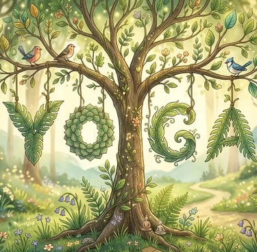 letters having from leaves spell out the word "Yoga""