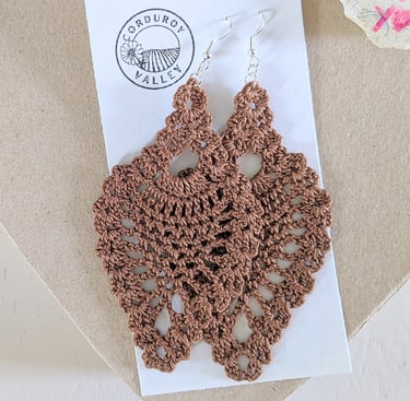 Warm brown crocheted lace teardrop dangle earring handmade of cotton