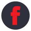 Red Facebook logo icon on a dark grey circular background for social media profile links.
