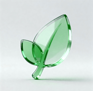 3D glassmorphism icon of a leaf, for global compliance & sustainability.