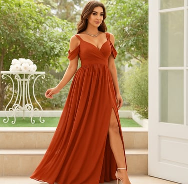 B9see,Elegant woman in a flowing burnt orange evening gown with a thigh-high slit,posing at a garden
