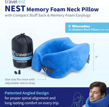 a man with a travel pillow on his neck