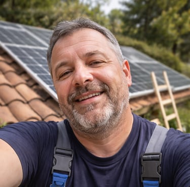 a man in overalls and overalls standing in front of a solar paneled