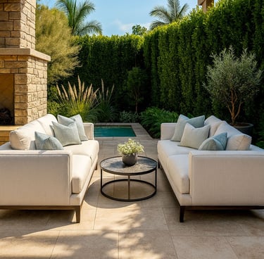 outdoor patio featuring custom white sofas by Solo Home Decor.