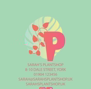 Logo featuring a bold coral-red letter ‘P’ with a botanical theme, including a monstera leaf & vine