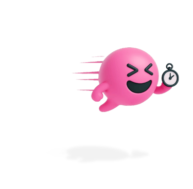 Blabit bubble with closed happy eyes speeding along with motion lines while holding a stopwatch