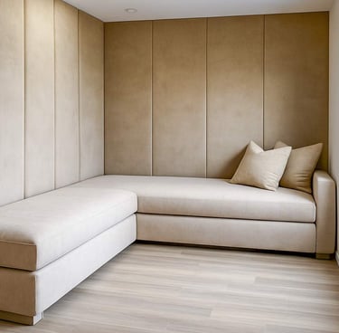 Custom bench seat sofa with a single long cushion by Solo Home Decor upholstered wall panels