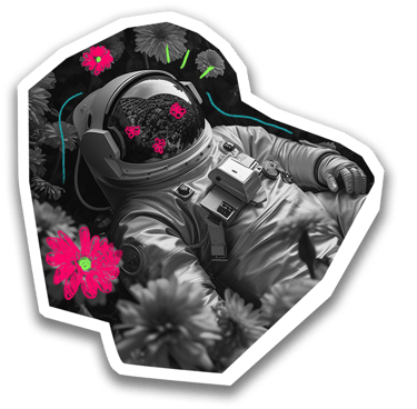 foto preta e branca de um astronauta deitado num campo de flores