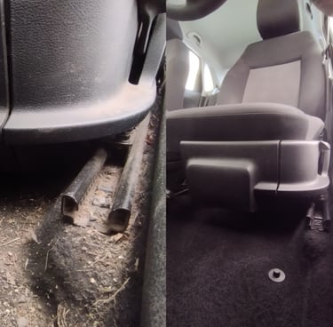 Avant après nettoyage intérieur automobile – rail de siège côté conducteur