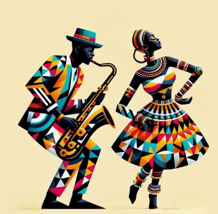 a man and woman playing saxophones in a colorful, geometric pattern
