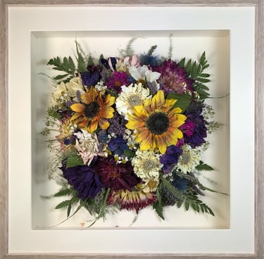 a Birdseye view Style bouquet of flowers in a taupe frame