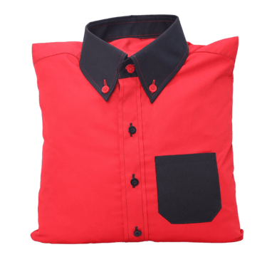 a red pillow designed as shirt with a black collar and pocket