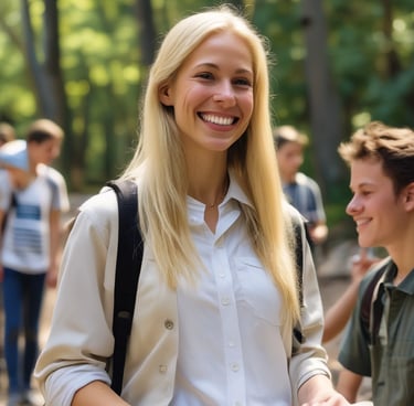 a teacher in a white shirt and backpack on a path
