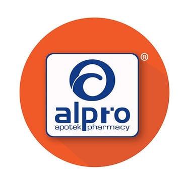 Alpro Pharmacy logo with blue text on a white square inside an orange circle.